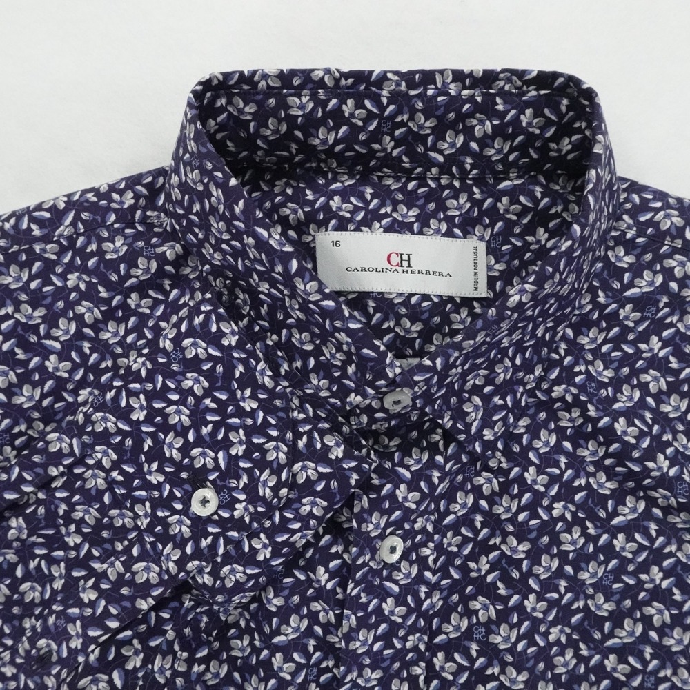 CH Carolina Herrera Shirt Mens 16 Blue Floral Luxury Designer Office Casual